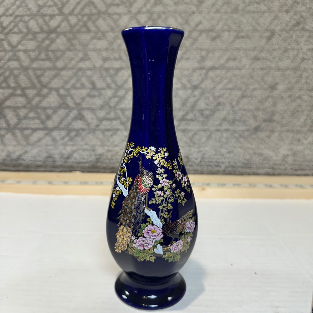 Vintage Cobalt Blue Porcelain Vase Peacock Floral Gold Trim Accent